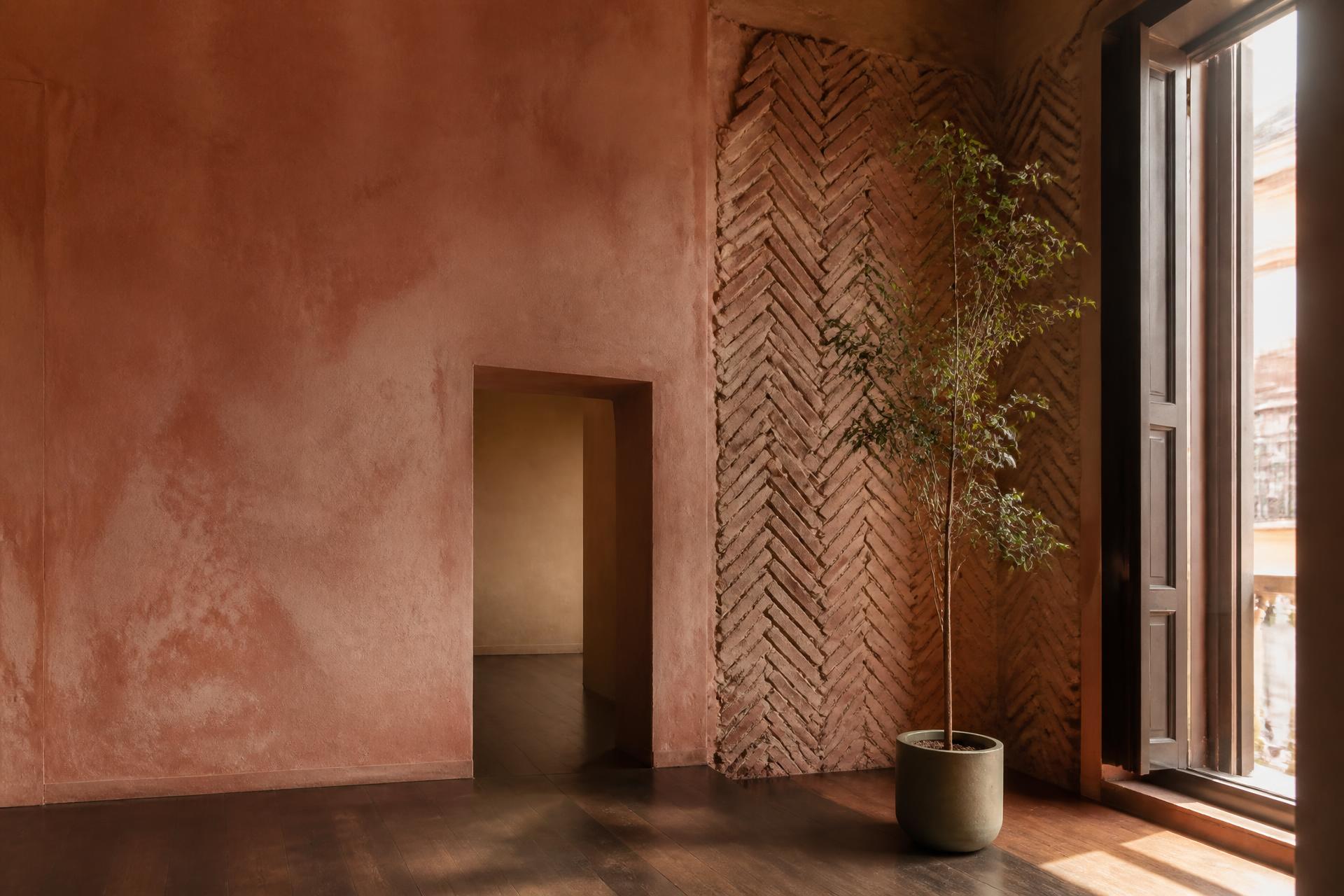Pared de estuco terracota con ladrillo en espiga y olivo