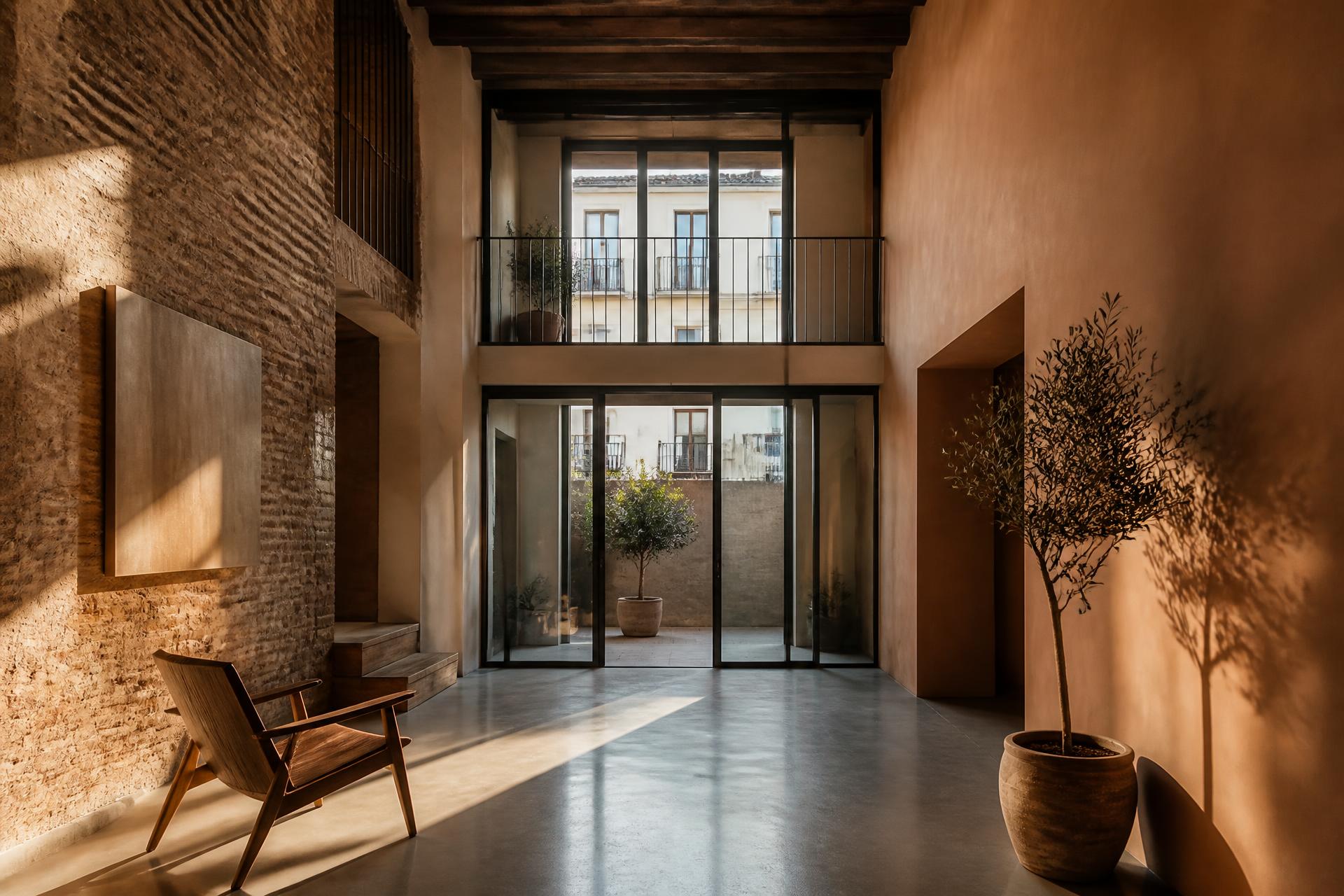 Patio interior con olivo, suelo de hormigón pulido y muro de ladrillo